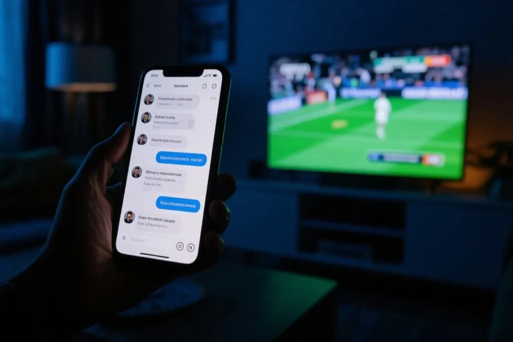 夜晚手机群聊刷屏与电视回放同框，表现争议判罚后的紧张气氛