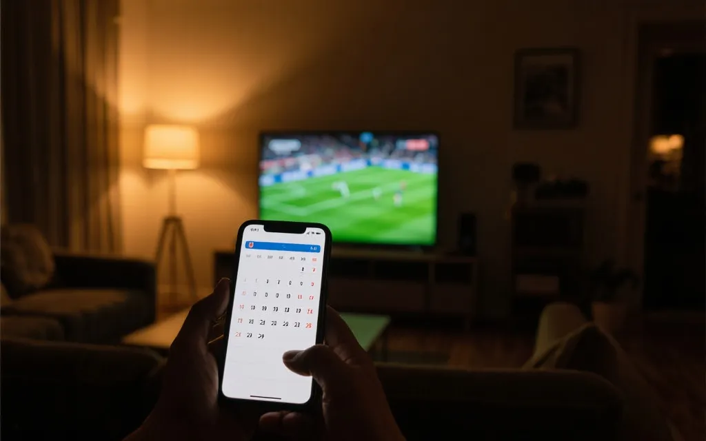 深夜客厅观赛场景：电视与手机同步查看赛程与直播入口